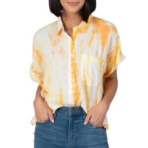 Kut From The Kloth Eden Button-Up Blouse Top S Cropped Orange Yellow Tie Dye